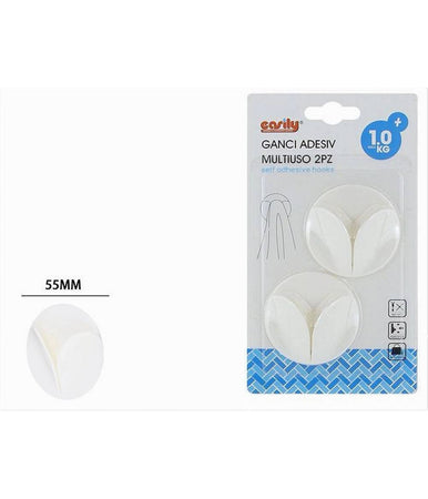 Set 2 Pz Ganci Adesivi Multiuso Appendini Parete Casa Cucina Bagno Bianchi 87367