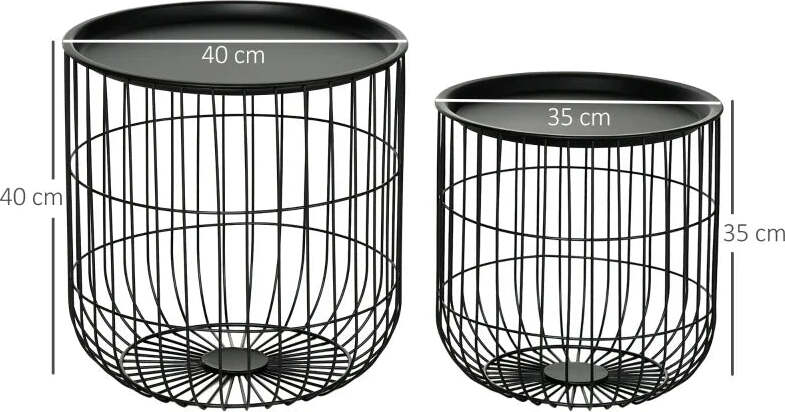 Set-2-Tavolini-da-Salotto-Impilabili-Rotondi-in-Acciaio-con-Vano-Contenitore,-Nero-WL4839-738V00BKWL4