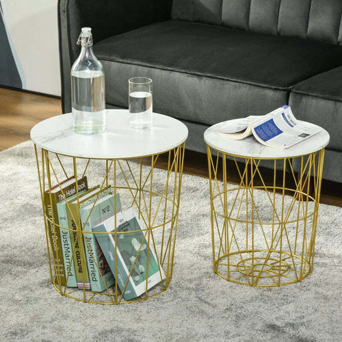 Set-2-Tavolini-da-Salotto-Moderni-Impilabili-con-Ripiano-Rimovibile,-Tavolino-da-Caffè-con-Contenitore-per-Soggiorno-e-Camera,-Bianco-Oro-GT6839-105GT6