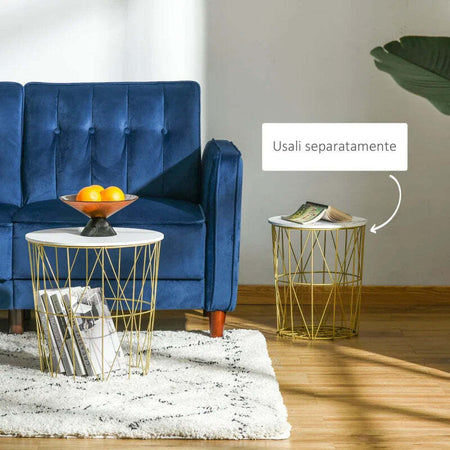 Set-2-Tavolini-da-Salotto-Moderni-Impilabili-con-Ripiano-Rimovibile,-Tavolino-da-Caffè-con-Contenitore-per-Soggiorno-e-Camera,-Bianco-Oro-GT6839-105GT6