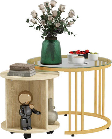 Set-2-Tavolini-da-Salotto-Rotondi-con-Design-Impilabile,-4-Ripiani-Inferiori-e-4-Ruote,-Oro-e-Rovere-HY5839-810V00MXHY5