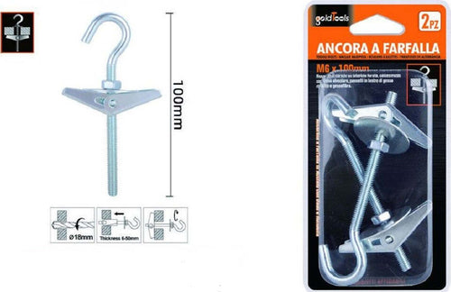 Set 2pz Ancora A Farfalla Con Gancio Acciaio Con Dado Rondella M6 X 100 Mm 57230 Fai da te/Ferramenta/Chiodi viti ed elementi di fissaggio/Bulloni/Bulloni di espansione Trade Shop italia - Napoli, Commerciovirtuoso.it