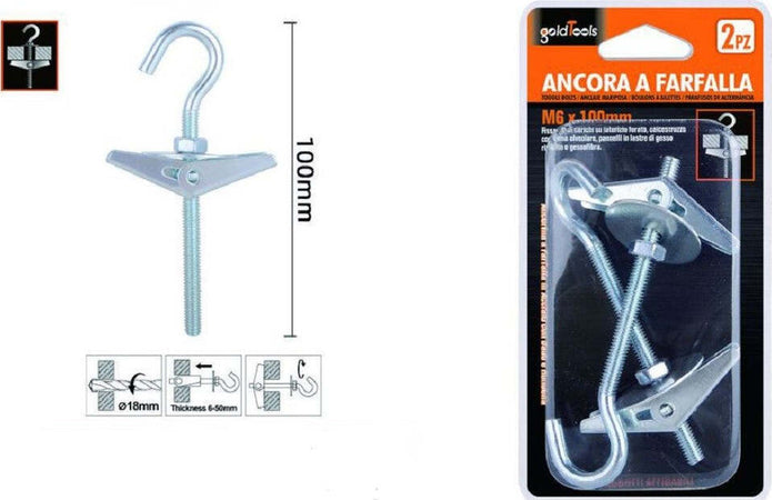 Set 2pz Ancora A Farfalla Con Gancio Acciaio Con Dado Rondella M6 X 100 Mm 57230 Fai da te/Ferramenta/Chiodi viti ed elementi di fissaggio/Bulloni/Bulloni di espansione Trade Shop italia - Napoli, Commerciovirtuoso.it