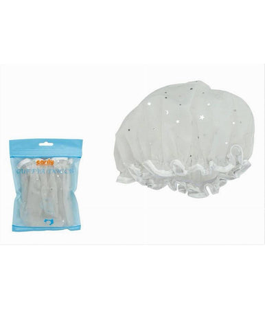 Set 2pz Cuffia Doccia Bagno Elastico Bordino Bianco Stelle Protegge Capelli 79606