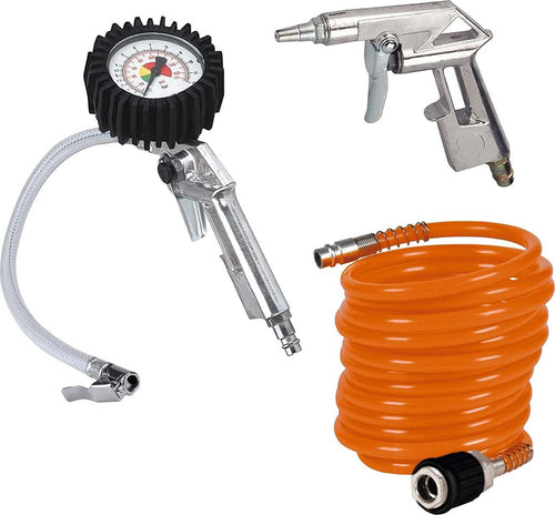 Set 3 accessori pneumatici per compressore fino ad 8 bar con pistola ad aria manometro e aria