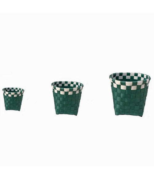 Set 3 Cestini Porta Oggetti Organizer Tessuto Bagno Rotondi Verde Bianco 59078