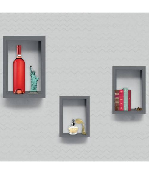 Set 3 Mensole Da Muro A Parete Design Moderno Cubo Rettangolare In Legno Grigio