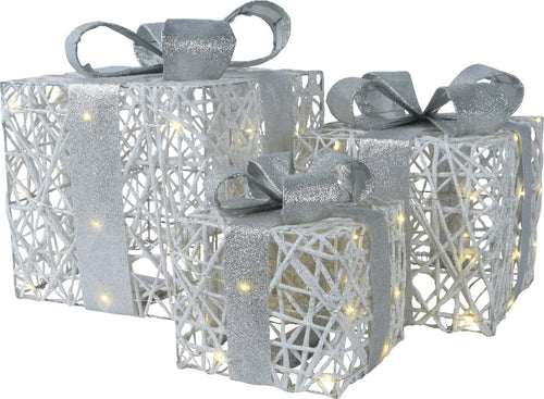 Set 3 pacchi regalo in resina luminoso color argento e bianco per uso interno ed esterno Casa e cucina/Decorazioni per interni/Addobbi e decorazioni per ricorrenze/Decorazioni natalizie/Luci natalizie/Catene luminose per esterni MagiediNatale.it - Altamura, Commerciovirtuoso.it