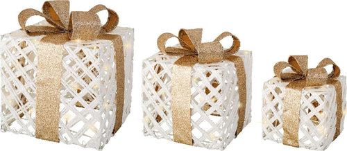 Set 3 pacchi regalo in resina luminoso color bianco e oro per uso interno ed esterno Casa e cucina/Decorazioni per interni/Addobbi e decorazioni per ricorrenze/Decorazioni natalizie/Luci natalizie/Catene luminose per esterni MagiediNatale.it - Altamura, Commerciovirtuoso.it
