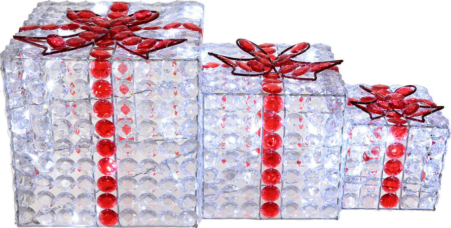 Set 3 pacchi regalo in resina luminoso color ghiaccio e rosso con diamanti uso interno ed esterno Casa e cucina/Decorazioni per interni/Addobbi e decorazioni per ricorrenze/Decorazioni natalizie/Luci natalizie/Catene luminose per esterni MagiediNatale.it - Altamura, Commerciovirtuoso.it