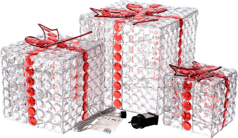Set 3 pacchi regalo in resina luminoso color ghiaccio e rosso con diamanti uso interno ed esterno Casa e cucina/Decorazioni per interni/Addobbi e decorazioni per ricorrenze/Decorazioni natalizie/Luci natalizie/Catene luminose per esterni MagiediNatale.it - Altamura, Commerciovirtuoso.it