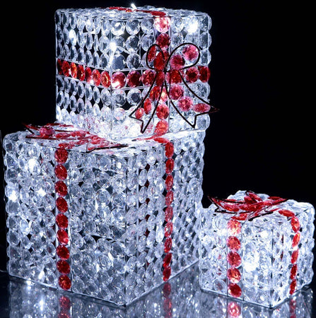 Set 3 pacchi regalo in resina luminoso color ghiaccio e rosso con diamanti uso interno ed esterno Casa e cucina/Decorazioni per interni/Addobbi e decorazioni per ricorrenze/Decorazioni natalizie/Luci natalizie/Catene luminose per esterni MagiediNatale.it - Altamura, Commerciovirtuoso.it