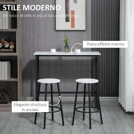 Set-3-Pezzi-con-Tavolo-Rettangolare-e-2-Sgabelli-da-Bar-in-Truciolato,-MDF-e-Acciaio,-Bianco-e-Nero-HY3835-943V01WTHY3