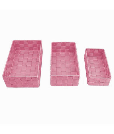 Set 3 Pezzi Scatola Porta Oggetti In Tessuto Intrecciato Contenitori Rosa 79059