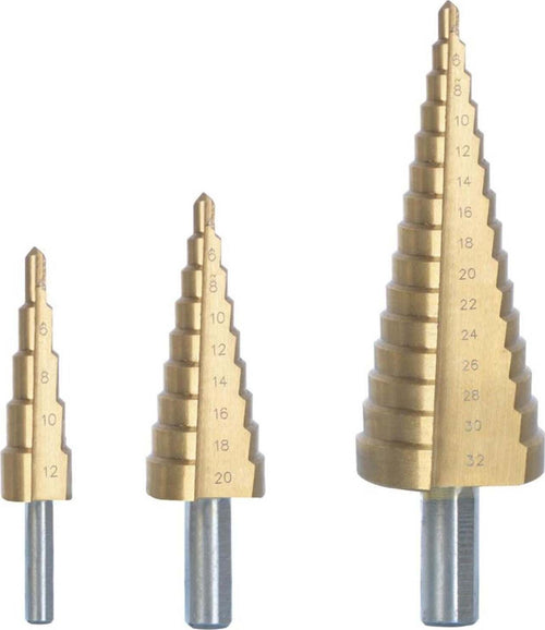 Set 3 punte a scalini in valigetta placcate in titanio per plastica metallo e legno trapano Fai da te/Utensili elettrici e a mano/Utensili elettrici/Trapani/Trapani combinati La Zappa - Altamura, Commerciovirtuoso.it