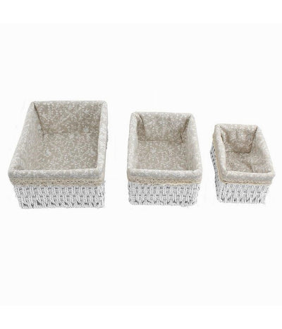 Set 3 Pz Porta Oggetti Organizer Cestino Bianco Intrecciato Fodera Tessuto 79156