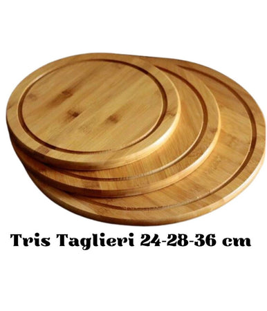 Set 3 Pz Tagliere Taglieri Bamboo Spessi Tagliare Carne Verdure Pane 24-28-36 Cm