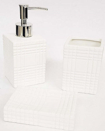 SET 3PZ BAGNO BIANCO STRISCE QUADRI IN CERAMICA DISPENSER SAPONE PORTA SAPONE SPAZZOLINI  Trade Shop italia - Napoli, Commerciovirtuoso.it