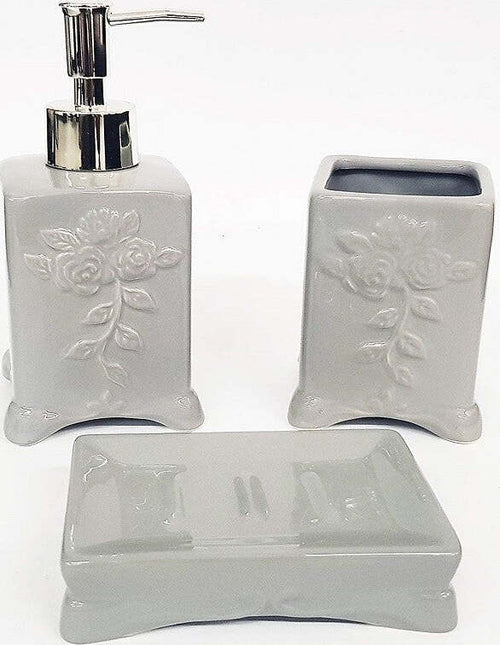 SET 3PZ BAGNO GRIGIO FIORI FLOLREALE CERAMICA DISPENSER SAPONE PORTA SAPONETTA BICCHIERE SPAZZOLINI  Trade Shop italia - Napoli, Commerciovirtuoso.it