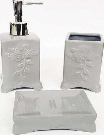 Set-3pz-Bagno-Grigio-Fiori-Flolreale-Ceramica-Dispenser-Sapone-Porta-Saponetta-Bicchiere-Spazzolini
