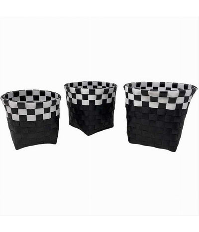 Set 3pz Cestini Porta Oggetti Organizer Tessuto Bagno Rotondi Nero Bianco 59073