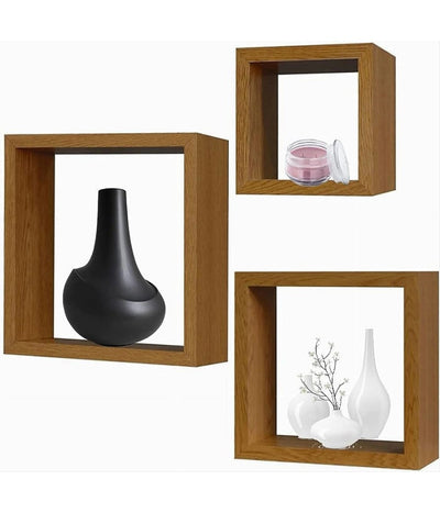 Set 3pz Mensole Da Parete A Cubo Moderne Design Quadrato Effetto Legno 2 Ripiani