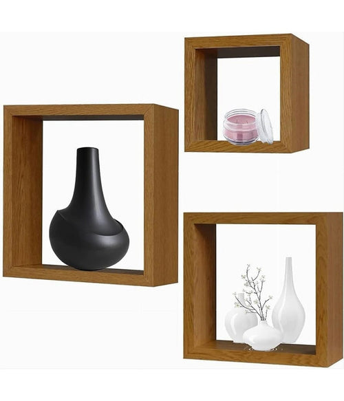 Set 3pz Mensole Da Parete A Cubo Moderne Design Quadrato Effetto Legno 2 Ripiani