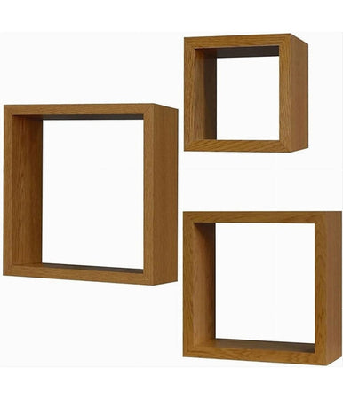 Set 3pz Mensole Da Parete A Cubo Moderne Design Quadrato Effetto Legno 2 Ripiani