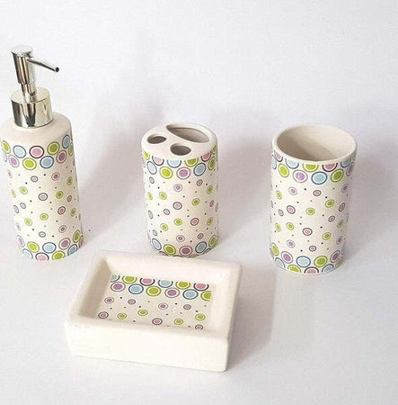 Set-4-Pezzi-Bagno-Cerchi-Colorati--52100-Ceramica-Dispenser-Sapone-Spazzolini