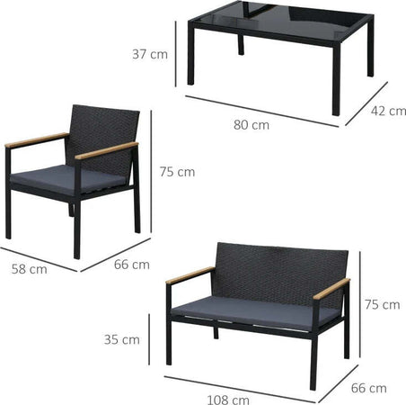 Set-4-Pezzi-Salotto-da-Esterni-con-2-Sedie,-Divano-e-Tavolino-Mobili-da-Giardino-in-Rattan-e-Acciaio-Nero-860-092