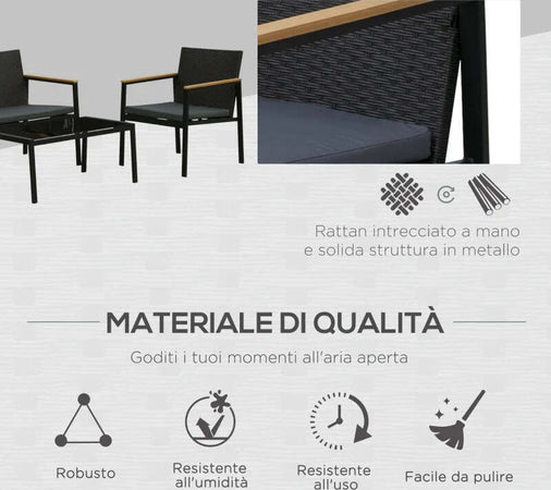 Set-4-Pezzi-Salotto-da-Esterni-con-2-Sedie,-Divano-e-Tavolino-Mobili-da-Giardino-in-Rattan-e-Acciaio-Nero-860-092