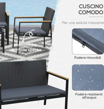 Set-4-Pezzi-Salotto-da-Esterni-con-2-Sedie,-Divano-e-Tavolino-Mobili-da-Giardino-in-Rattan-e-Acciaio-Nero-860-092