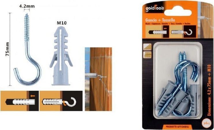 Set 4 Pezzi Viti Vite A Gancio 4.2x75mm + Tasselli Con Alette Tassello M10 90740 Fai da te/Ferramenta/Chiodi viti ed elementi di fissaggio/Kit di bulloni e dadi Trade Shop italia - Napoli, Commerciovirtuoso.it