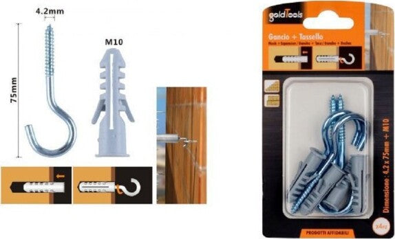 Set-4-Pezzi-Viti-Vite-A-Gancio-4.2x75mm-+-Tasselli-Con-Alette-Tassello-M10-90740