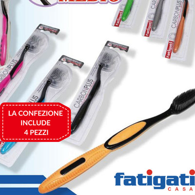 Set 4 Spazzolini Sbiancanti Carbon Plus Medio Fatigati Particelle Carbone Attivo Salute e cura della persona/Igiene dentale/Spazzolini da denti e accessori/Spazzolini da denti manuali Trade Shop italia - Napoli, Commerciovirtuoso.it