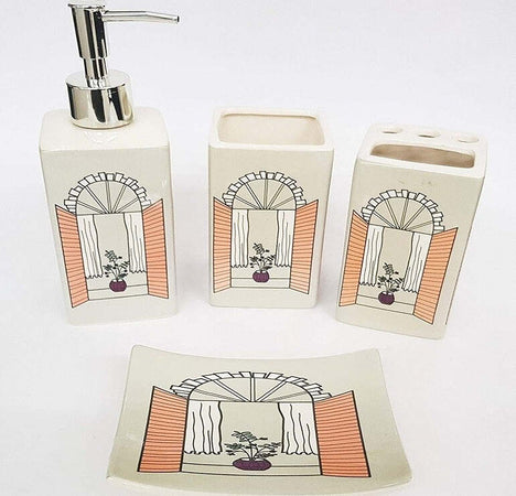 SET 4PZ BAGNO FANGO FINESTRA FLOWER CERAMICA DISPENSER SAPONE PORTA SAPONETTA BICCHIERE SPAZZOLINI  Trade Shop italia - Napoli, Commerciovirtuoso.it