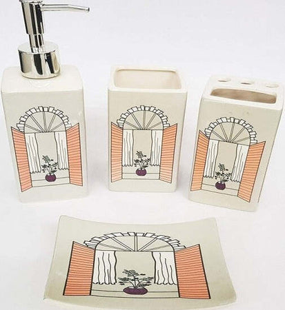 Set-4pz-Bagno-Fango-Finestra-Flower-Ceramica-Dispenser-Sapone-Porta-Saponetta-Bicchiere-Spazzolini