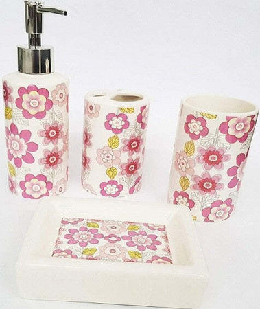 Set-4pz-Bagno-Fiori-Rosa-Floreale-Ceramica-Dispenser-Sapone-Porta-Saponetta-Bicchiere-Spazzolini