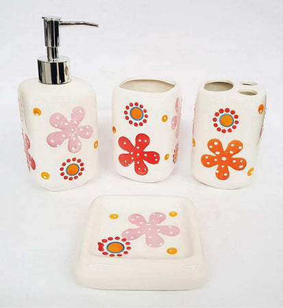 Set-4pz-Bagno-Fiori-Rosa-Rosso-Sole-In-Ceramica-Dispenser-Porta-Saponetta-Spazzolini