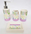 Set-4pz-Bagno-Strisce-Lilla-Floreale-Ceramica-Dispenser-Sapone-Bicchiere-Spazzolini