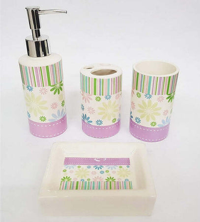 Set-4pz-Bagno-Strisce-Lilla-Floreale-Ceramica-Dispenser-Sapone-Bicchiere-Spazzolini