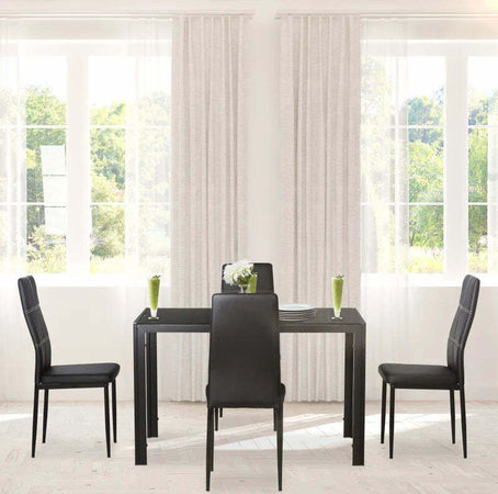Set-5-Pezzi-con-1-Tavolo-e-4-Sedie-per-Cucina-o-Sala-da-Pranzo-in-Finta-Pelle,-Metallo-e-Vetro-Temperato,-Nero-TR2835-255BKTR2