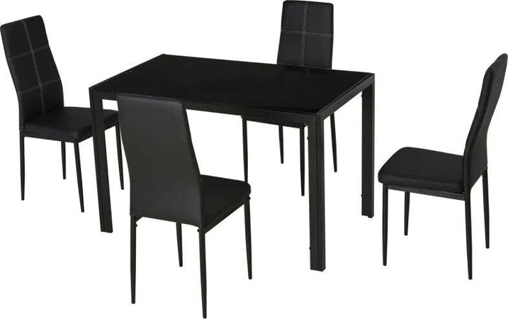 Set-5-Pezzi-con-1-Tavolo-e-4-Sedie-per-Cucina-o-Sala-da-Pranzo-in-Finta-Pelle,-Metallo-e-Vetro-Temperato,-Nero-TR2835-255BKTR2