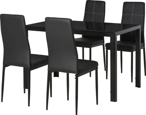 Set-5-Pezzi-con-1-Tavolo-e-4-Sedie-per-Cucina-o-Sala-da-Pranzo-in-Finta-Pelle,-Metallo-e-Vetro-Temperato,-Nero-TR2835-255BKTR2