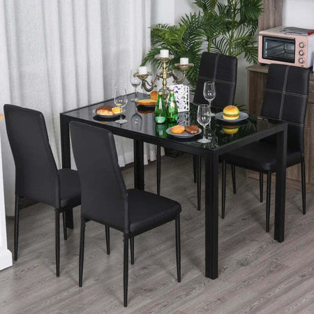 Set-5-Pezzi-con-1-Tavolo-e-4-Sedie-per-Cucina-o-Sala-da-Pranzo-in-Finta-Pelle,-Metallo-e-Vetro-Temperato,-Nero-TR2835-255BKTR2