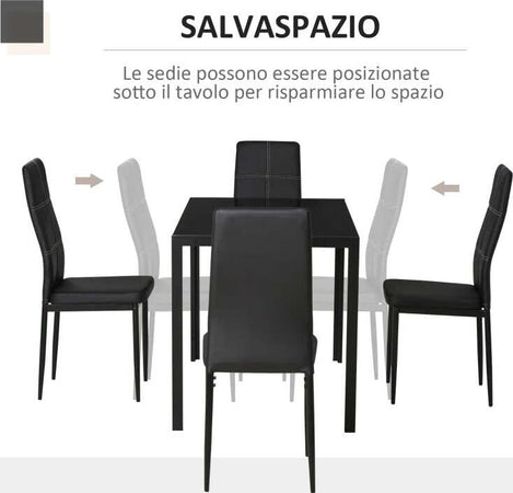 Set-5-Pezzi-con-1-Tavolo-e-4-Sedie-per-Cucina-o-Sala-da-Pranzo-in-Finta-Pelle,-Metallo-e-Vetro-Temperato,-Nero-TR2835-255BKTR2