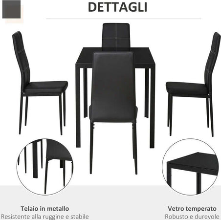 Set-5-Pezzi-con-1-Tavolo-e-4-Sedie-per-Cucina-o-Sala-da-Pranzo-in-Finta-Pelle,-Metallo-e-Vetro-Temperato,-Nero-TR2835-255BKTR2