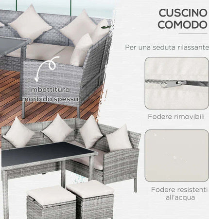 Set-5-Pezzi-Salotto-da-Esterno-con-2-Divani-1-Tavolino-2-Sgabelli,-Mobili-da-Giardino-in-Rattan-Grigio-860-093CW