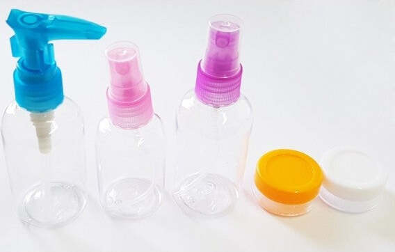 Set-5-Porta-Liquidi-Contenitori-Bottiglie-Plastica-Aereo-Viaggio-Bagaglio-Creme