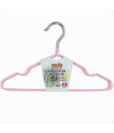 Set 5 Pz Grucce Stampelle Appendiabiti In Metallo Gommate Antiscivolo Rosa 87673